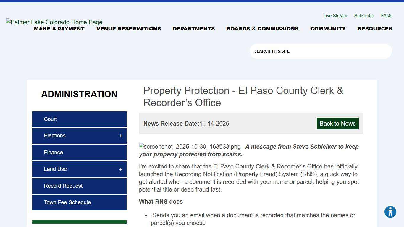 Property Protection - El Paso County Clerk & Recorder’s Office Town of Palmer Lake